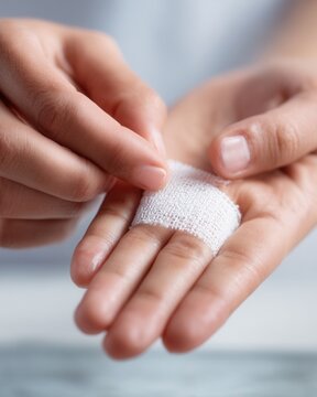 Applying adhesive bandage close up, self care, safety and first aid concept
