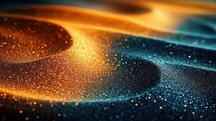 Abstract flowing waves of sparkling glitter particles in warm orange and cool blue light
