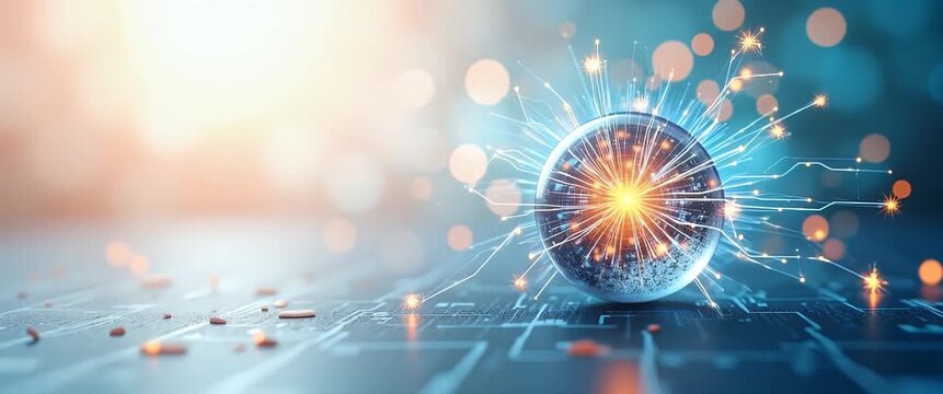 Futuristic sphere emits glowing energy pulses on a circuit board, as camera slowly pans in a cinematic style, capturing dynamic sparks and ambient light flickers in a digital technology scene.