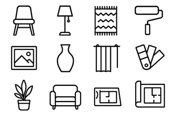 Interior Design Icons. Interior Designset in outline vector style chair, lamp, rug, table, paint roller, frame, vase, curtain, color swatch, plant, sofa, blueprint
