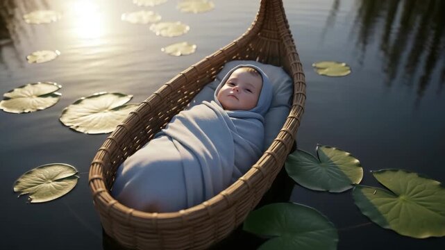 Newborn baby in a wicker basket floating on Nile river with lily pads and sunlight shimmering, biblical scene of moses footage