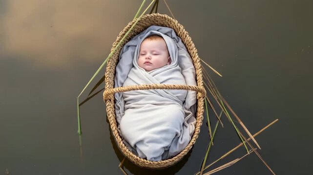 Newborn kid in a woven basket flowing on water in a biblical scene in a continuous video. Moses cradle for religion footage.