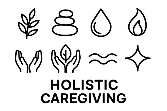 Holistic Caregiving Icons. Holistic Caregiving set in outline vector style: herbal sprig, balanced stones, clarity droplet, wellness flame, open hands, nurturing leaf, calm wave, renewal spark - Powered by Adobe