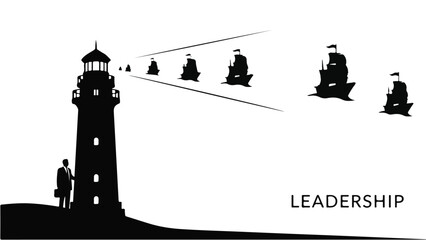 Businessman standing beside lighthouse guiding team to success