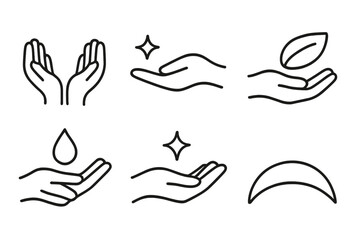 Obraz premium Gentle Icons Series. Gentle Handling set in outline vector style: open hands, soft touch icon, gentle droplet, calm curve, supportive palm, tender spark, resting leaf, peaceful arc