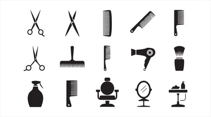 Professional hairstyling and barber shop icon pack on white background