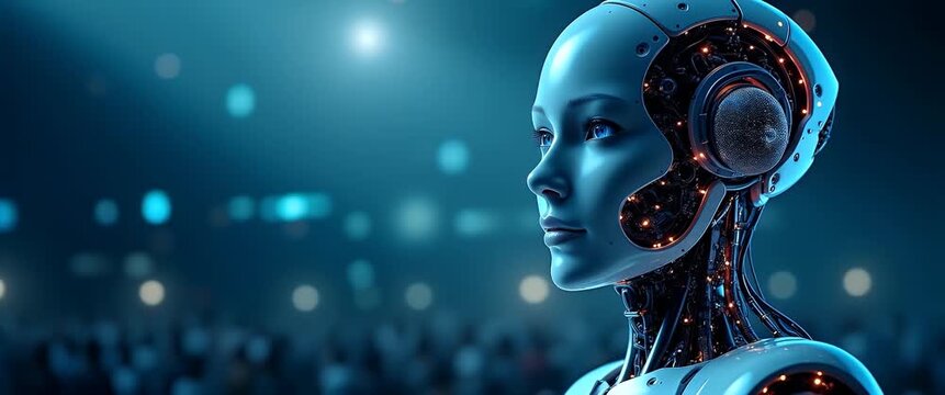 Futuristic humanoid robot analyzes glowing data sphere with dynamic holographic charts in background, while camera slowly pans in a cinematic, high-tech environment.