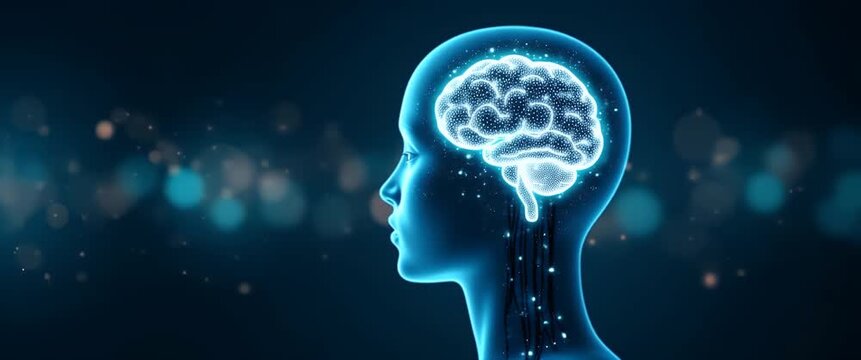 The digital brain glows with neural connections, set against a dynamic bokeh background with gentle light pulses; camera slowly pans for a cinematic, futuristic ambiance.