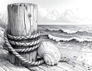 Wood pilings, ropes, and a seashell sit on boards at the edge of a sketched beach with waves