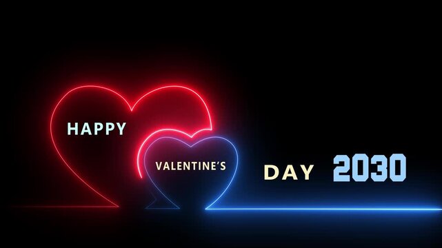 Happy Valentine's Day 2030 neon heart line design. Elegant blue and red glowing heart shapes with festive text for future greetings.