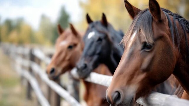 Peering over a fence at horses galloping in pasture manes flowing rural fence line