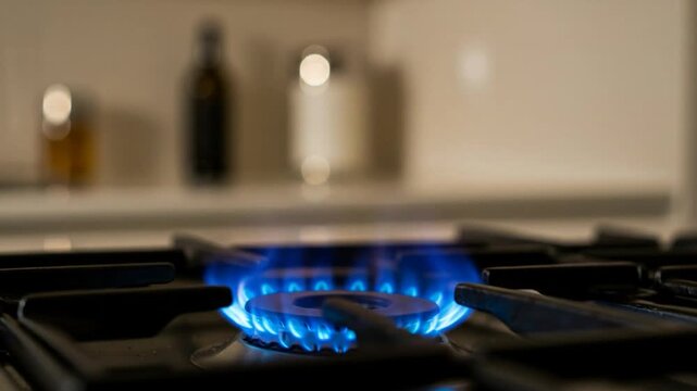 Close-up of an intense blue stove flame symbolizing domestic gas usage and rising energy prices. Close-up of burning stove flame &ndash; concept of rising kitchen gas prices