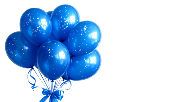 A vibrant cluster of blue balloons, adorned with subtle white speckles, is tied together with a ribbon on a black backdrop - Powered by Adobe