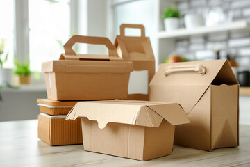 A brown cardboard box with a white handle sits on a table