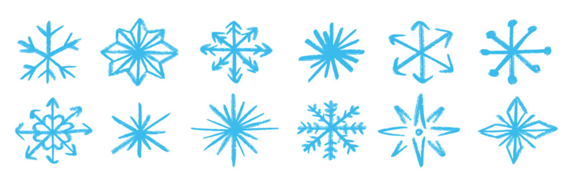  blue doodle snowflakes set crayon hand drawn snow flake