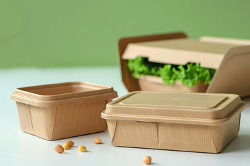 A brown container with a lid and a green container with a lid