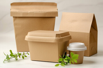A brown paper box with a lid and a cup with a lid