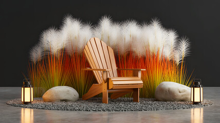 Wooden Lounge Chair with Lanterns and Decorative Grass on Dark Background