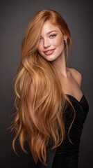Naklejka premium Elegant young woman with flowing long red hair smiling, posing in a black strapless dress against a studio background, showcasing beauty, confidence, and natural charm