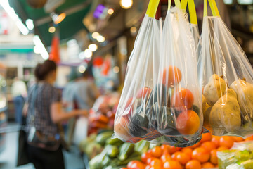 A woman is shopping for vegetables and fruits