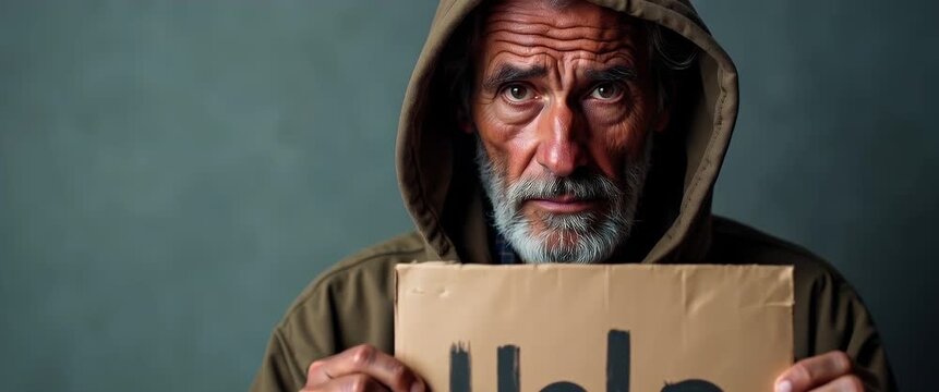 Elderly man holds a Help sign, his expression solemn; the camera slowly pans, capturing the poignant moment with ambient light flickering in a cinematic, empathetic style.