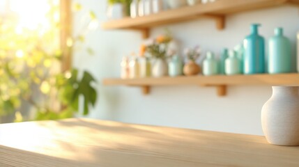 Sunlight shines on a wooden table with decorative bottles on shelves