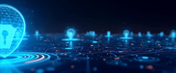 Futuristic holographic padlock icon glows with vibrant blue light, as the camera slowly pans across a digital network landscape, creating a cinematic exploration of cybersecurity technology. - Powered by Adobe