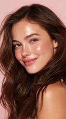 Obraz premium Beautiful young woman smiling with glowy healthy skin and clear complexion, showcasing natural beauty, skincare, and fresh makeup against a soft pink background