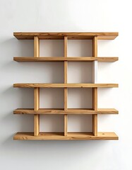 Wood shelving unit with open back against white wall; planks intersect in a gridded, minimal, modern design