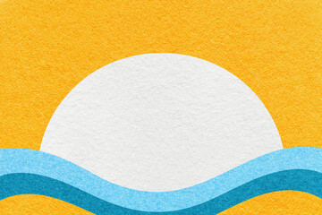 Yellow textured paper background with white circle for copy space and blue, turquoise waves for banner, presentation