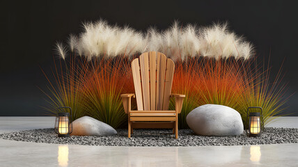 Wooden Lounge Chair with Lanterns and Decorative Grass on Dark Background
