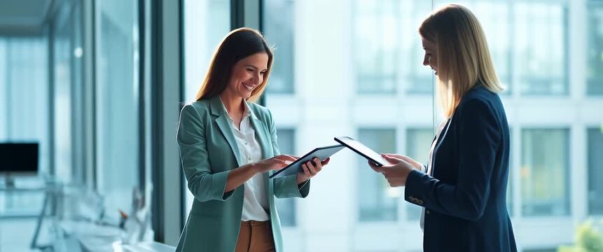 Two businesswomen discuss ideas with digital tablets in a sunlit office, as the camera gently pans to capture the modern, collaborative workspace in a cinematic style.