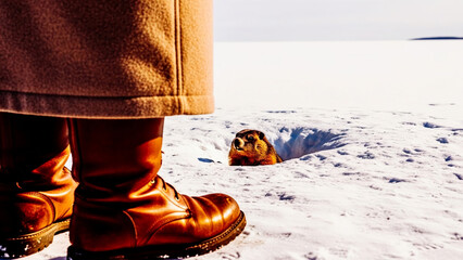 A groundhog peeks out of its snowy burrow, observed by a person's boots, symbolizing the tradition of Groundhog Day and the anticipation of spring or continued winter.