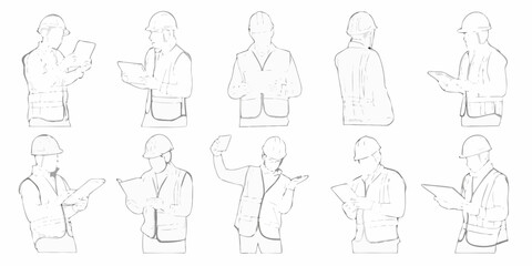 Line art illustration of construction workers in various poses and outfits