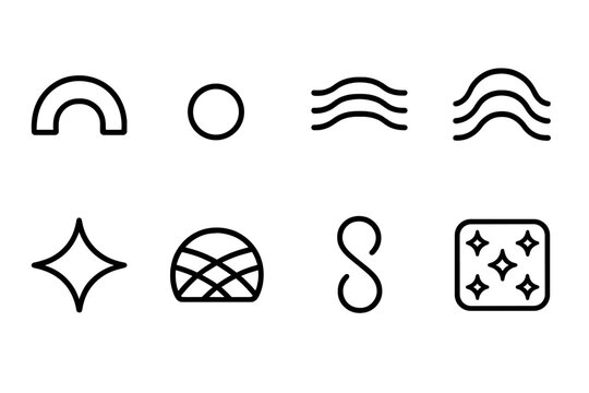 Geometric Icon Formation. Formation Set set in outline vector style : geometric arc line, soft glow bead, layered ripple puff, orderly contour, reflective