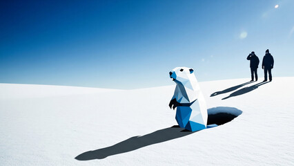 A low-poly groundhog stands on white snow emerging from its hole, casting a long shadow under a bright blue sky, observed by two distant figures. This artistic rendering captures the essence of the G