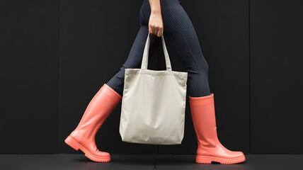 Woman in coral rain boots, navy ribbed leggings and beige tote bag walking against black background