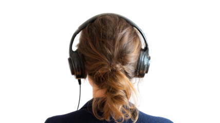 A back view of young woman with a headset provides business phone support while a teenager and people enjoy listening to music through earphones for fun and professional service