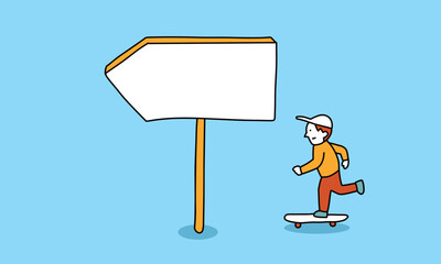 矢印の看板が示す方向へスケボーに乗っていこうとする人物のイラスト