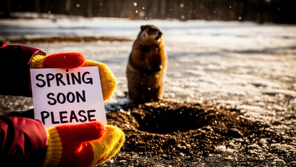 A person holds a "SPRING SOON PLEASE" sign hoping for an early end to winter, while a groundhog stands near its burrow during the annual Groundhog Day tradition in the snow and cold weather.