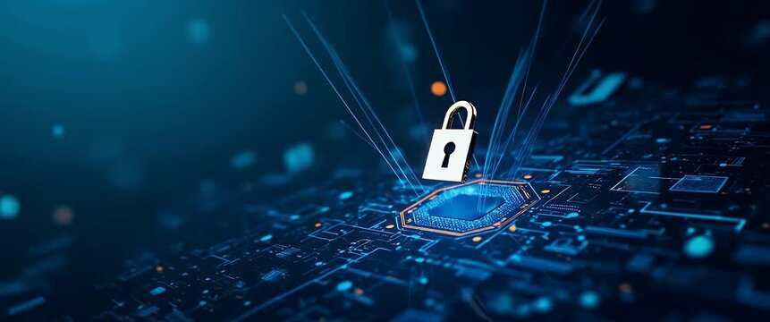 Digital lock icon hovers over a circuit board as the camera slowly pans, with ambient lights flickering in a futuristic, cinematic scene showcasing cybersecurity and technology.