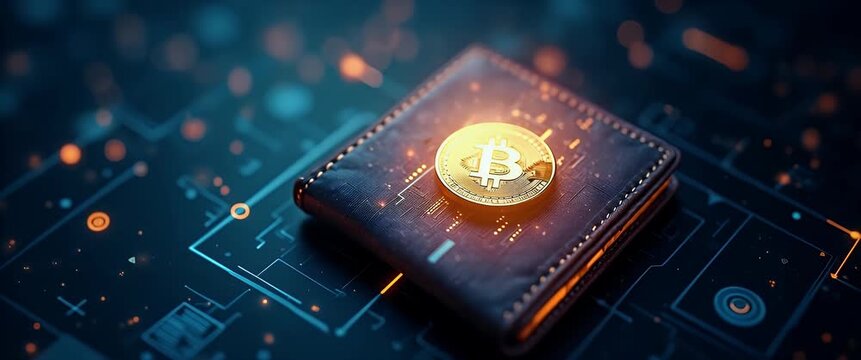 Golden Bitcoin on a digital wallet glows softly, surrounded by dynamic tech elements; the camera gently pans, capturing the futuristic, cinematic ambiance of cryptocurrency innovation.