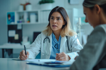 A woman doctor is writing on a piece of paper
