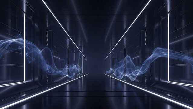 Futuristic server room corridor with blue glowing lights and smoke effects on glass panels - Powered by Adobe