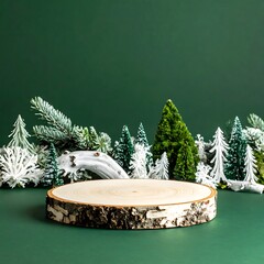 Wood slice display on green ground with winter forest backdrop, soft and inviting