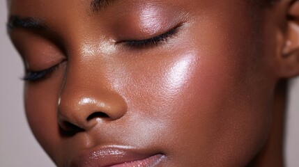 Fototapeta premium African american woman having perfect glowing skin, with highlights reflecting light on her cheekbones and forehead, emphasizing dewy complexion beauty and wellness