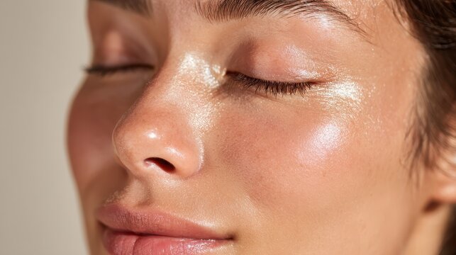 Woman's face showing close up of healthy, hydrated, and glowing skin with a dewy finish, emphasizing natural beauty, skincare, and freshness under soft light