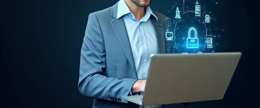 Business professional typing on a laptop in a modern office; the camera slowly pans, revealing digital interface elements floating, creating a futuristic, cinematic atmosphere.