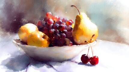 Colorful fruit bowl with grapes, cherries, and pears on a table