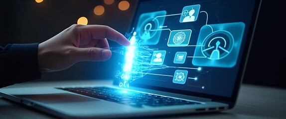 Hand interacts with futuristic digital interface on laptop, with dynamic holographic icons in a cinematic style; camera slowly pans across the screen, capturing glowing network connections. - Powered by Adobe